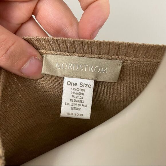 NORDSTROM Camel Tan & Brown Leather Trim Elbow Patch Cardigan Sweater - Picture 8 of 9
